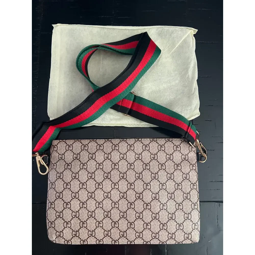 New Jingpin Monogram Crossbody Messenger Shoulder Bag Webbing Strap Brown Khaki